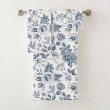 Vintage marinblå blommönster Toile-De-Jouy  