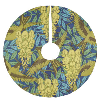 Vintage Marinblå Fågel & Gul Blommig Mönster Julgransmatta Borstad Polyester