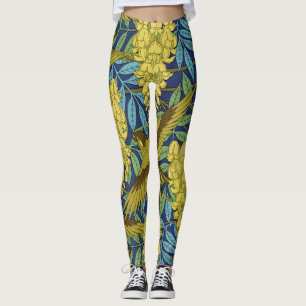 Vintage Marinblå Fågel & Gul Blommig Mönster Leggings
