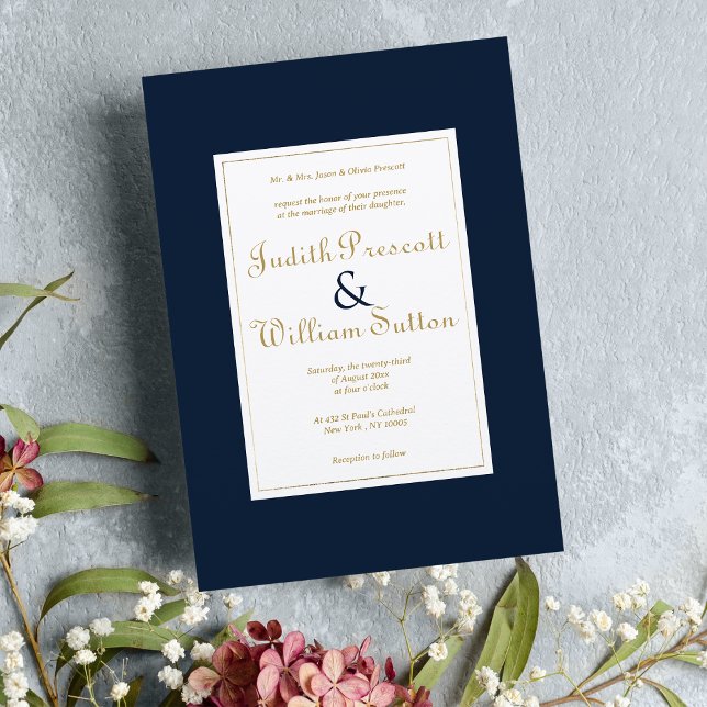 Vintage , marinblått guld, Bröllop Inbjudningar (Navy blue gold vintage calligraphy Wedding )