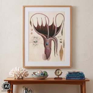 Vintage Marine Life Animals, Parbrella Squid Poster