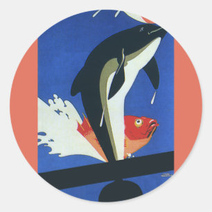 Vintage Marinliv, Delfin och Guld fisk Runt Klistermärke