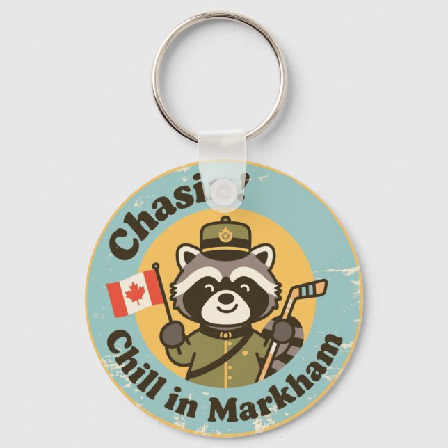 Vintage Markham Ontario Relaxing Raccoon Nyckelring (Framsida)