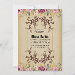 Vintage Maroon Guld Flora Parchment Birthday Inbjudningar