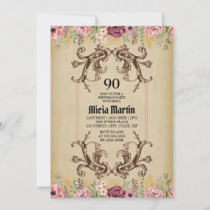 Vintage Maroon Guld Flower Parchment Birthday Inbjudningar