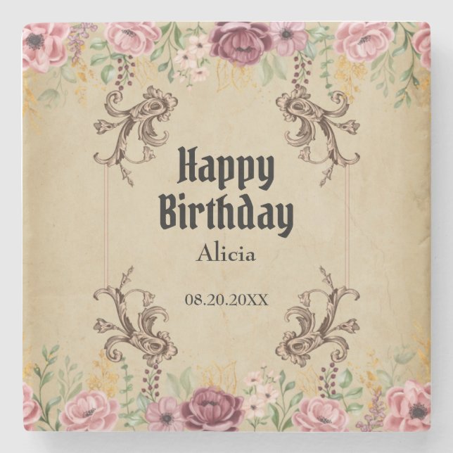 Vintage Maroon Guld Flower Parchment Birthday Stenunderlägg (Framsidan)