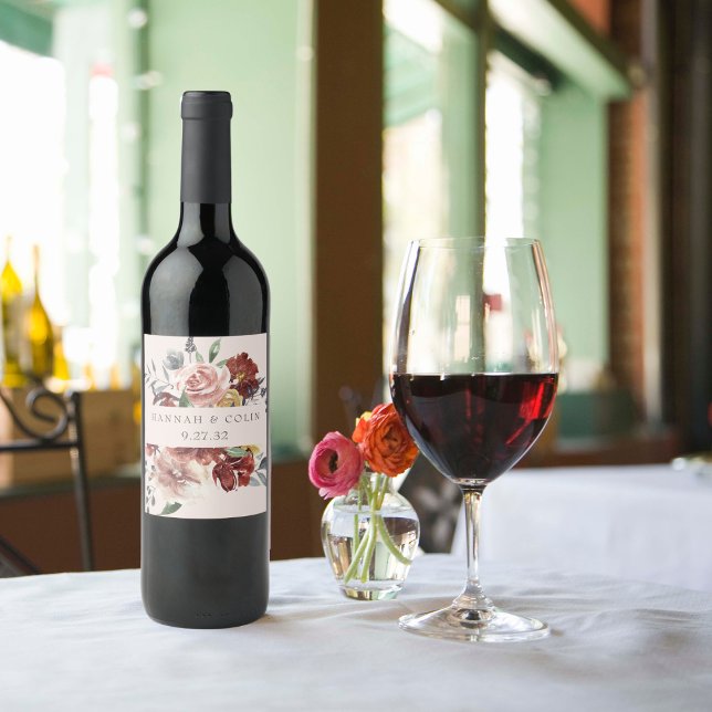 Vintage Marsala  Pewter-Blommigt Vinflaska Etikett (Skapare uppladdad)