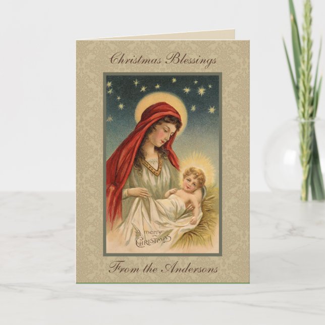 Vintage Mary Baby Jesus i Manger Helgkort (Framsida)