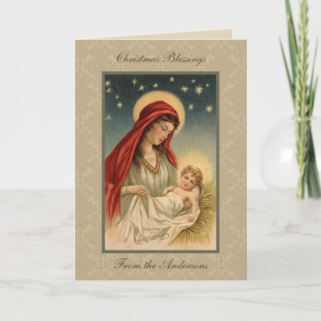 Vintage Mary Jesusbarnet i krubba Helgkort (Framsida)