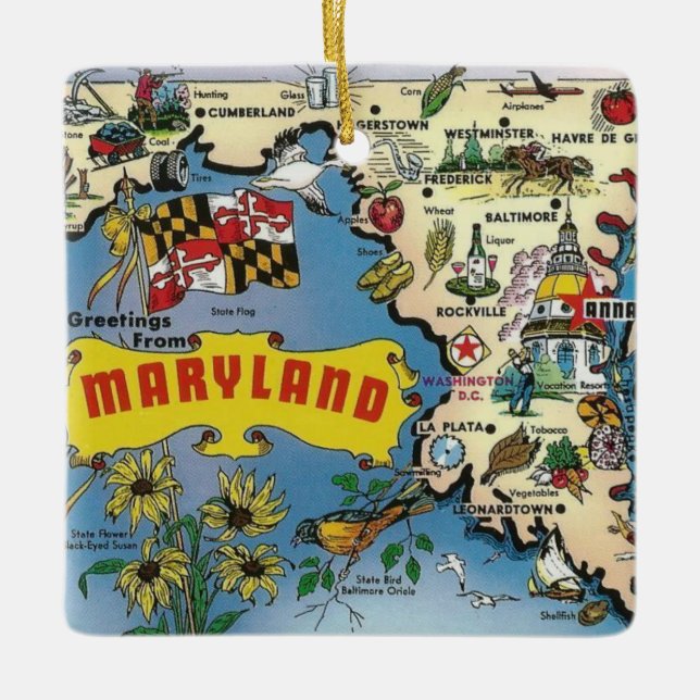 Vintage Maryland Karta Julgransprydnad Keramik (Framsida)