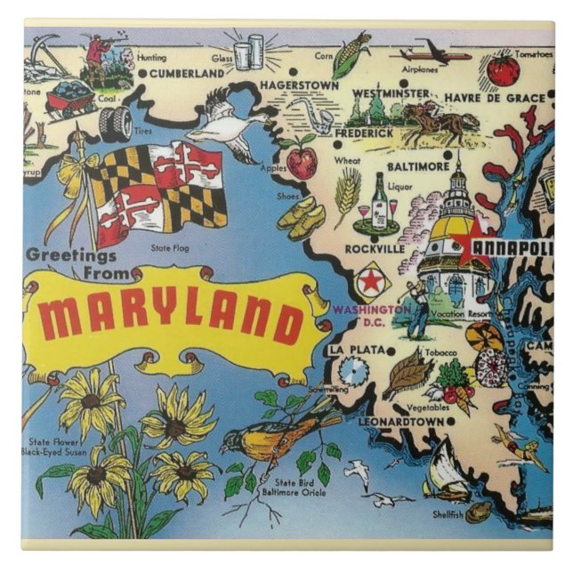 Vintage Maryland Karta keramiskt plattor Kakelplatta (Framsidan)
