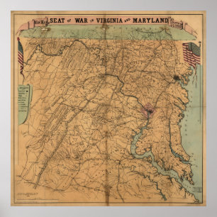 Vintage Maryland & Virginia Civil Krig Battles Kar Poster