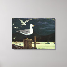 Vintage Mås Sittande Pir, Marina Fåglar Djur