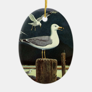 Vintage Måse Sittande På Pir, Marina Fåglar Djur Julgransprydnad Keramik