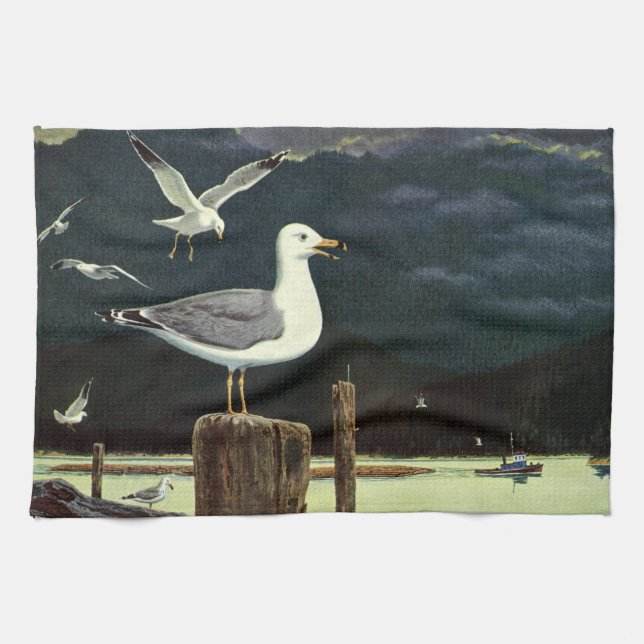 Vintage Måse Sittande På Pir, Marina Fåglar Djur Kökshandduk (Horisontell)
