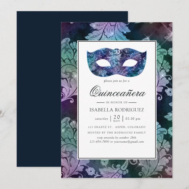 Vintage Masquerade Damask Quinceañera Inbjudningar (Fram/baksida)