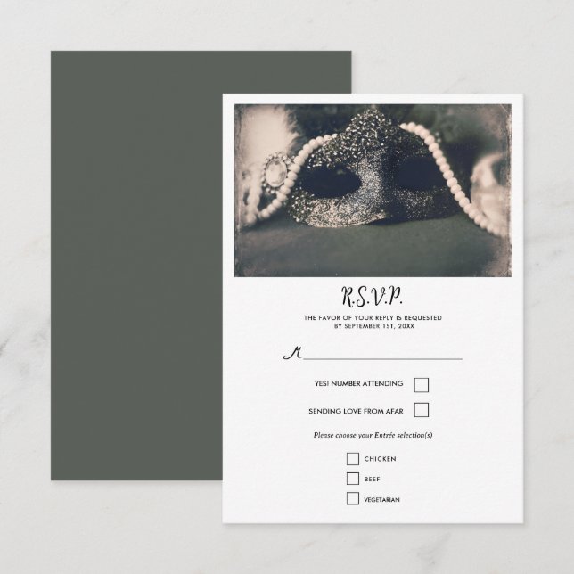 Vintage Masquerade & Pearls Bröllop RSVP OSA Kort (Fram/baksida)