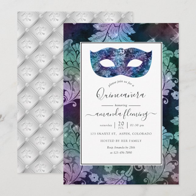 Vintage Masquuppad Damask Quinceañera Inbjudningar (Fram/baksida)