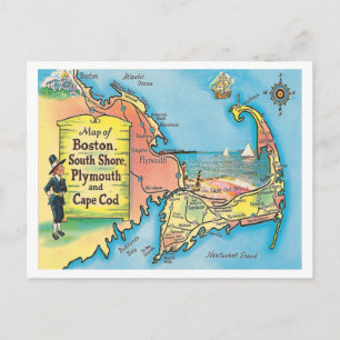 Vintage Massachusetts Cities Karta Vykort