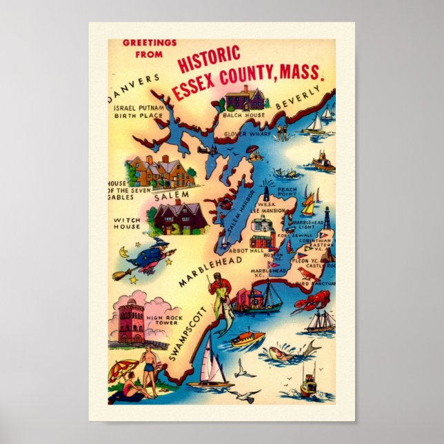 Vintage Massachusetts Kusten Karta Poster (Framsidan)