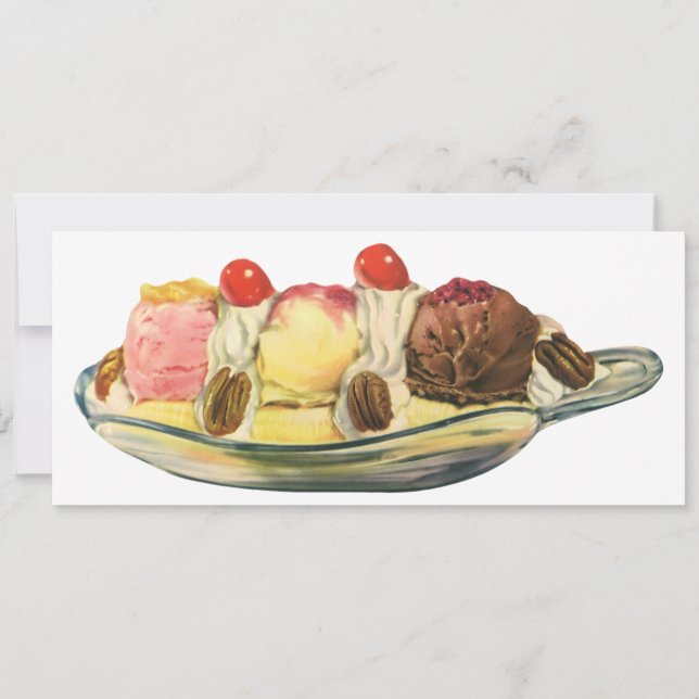 Vintage mat efterrätter, Banana Split Körsbär Inbjudningar (Framsida)