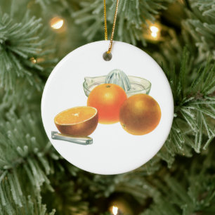 Vintage mat frukt, mogna apelsiner juicer frukost julgransprydnad keramik