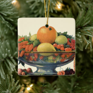 Vintage mat, sorterad frukt i en skål julgransprydnad keramik