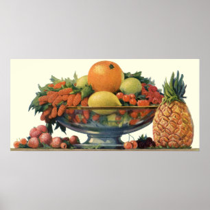 Vintage mat, sorterad frukt i en skål poster