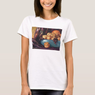 Vintage mat, valnötter och frukt i en blå skål t shirt