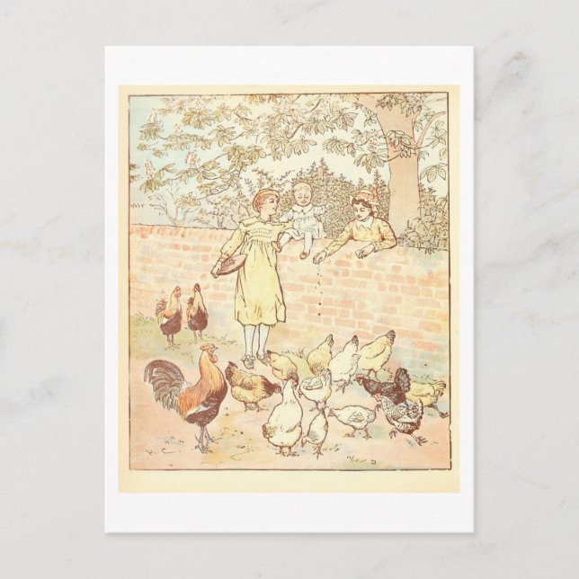 Vintage "Mata kycklingar" Illustration Vykort (Framsida)
