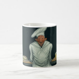 Vintage matföretag, bagare med bakverk efterrätter kaffemugg