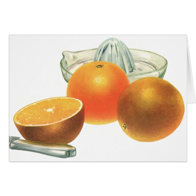 Vintage matfrukt, mogna apelsiner saftpress frukos hälsningskort (Framsidan Horizontal)