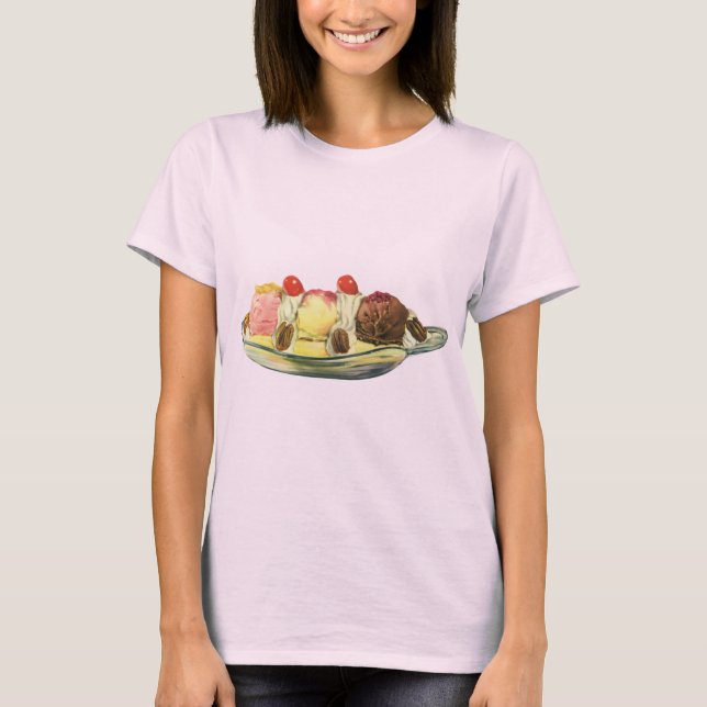 Vintage maträtter efterrätter, Banan Split Körsbär Tee Shirt (Framsida)