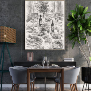 Vintage matsalsbord Blyertsteckning, Klassisk stil Poster