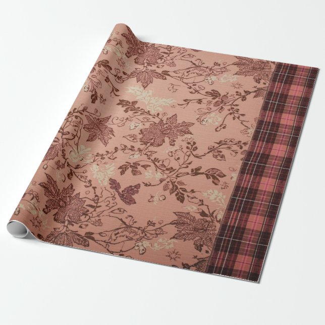 Vintage Mauve Blommig Chintz och Plaid Inpacknings Presentpapper (Utrullad)