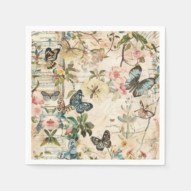 Vintage med flera fjädrar och blommor pappersservett (Framsidan)