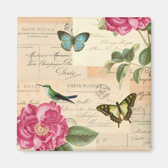 Vintage med ro och fjärilar magnet (Framsidan)