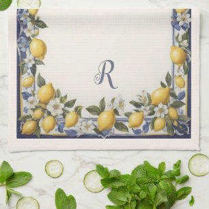 Vintage Medelhavet Blue & Gult Lemon Mönster Kökshandduk