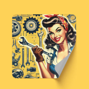 Vintage mekaniker pinup fyrkantigt klistermärke