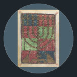 Vintage Menorah, festivalen Ljus Lycklig Hanukkah Runt Klistermärke<br><div class="desc">Vintage illustration religiösa Judaica med ett antique Menorah med ljus. Lycklig Hanukkah Chanukah,  Chanukkah eller Chanuka! Festivalen i Ljus och Dedication är en judisk helgdag på åtta dagar.</div>