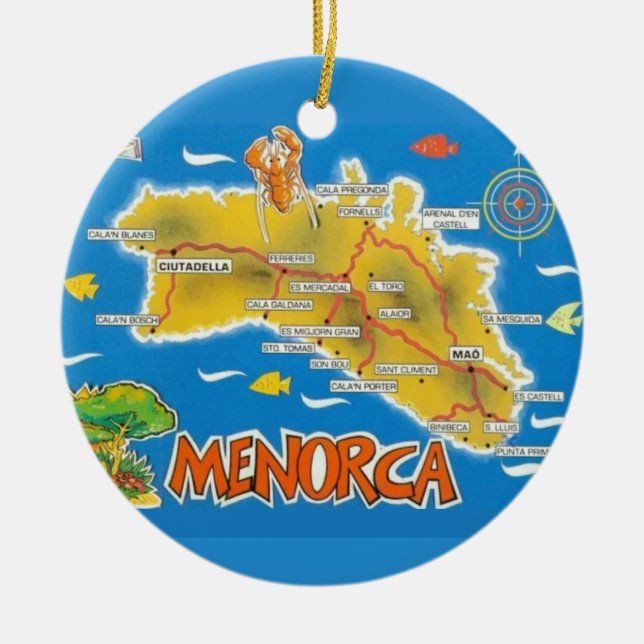 Vintage Menorca Spanien Illustrerad Julgransprydnad Keramik (Framsidan)