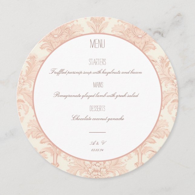 Vintage Menu Damask Wedding Menu Round Meny (Framsida)