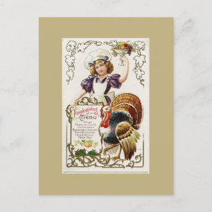 Vintage meny för Thanksgiving och flicka vykort