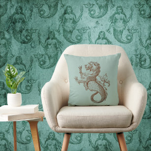 Vintage Mer Lejon Sea Legend on Seafoam Sage Grönt Kudde