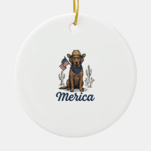 Vintage Merica Cowboy Hund Amerikansk Flagga Tröja Julgransprydnad Keramik