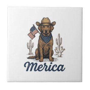 Vintage Merica Cowboy Hund Amerikansk Flagga Tröja Kakelplatta