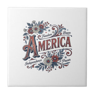 Vintage Merica Patriotisk Blommig Tröja Design_1 Kakelplatta