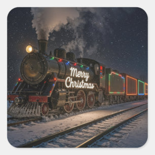 Vintage Merry Christmas-tåg i snö Fyrkantigt Klistermärke