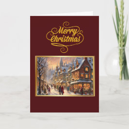 Vintage Merry Christmas with Snowy Town Card Kort