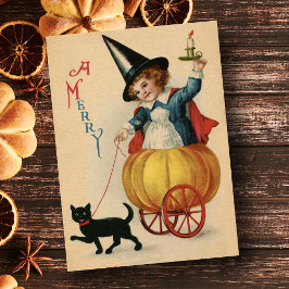 Vintage Merry Halloween Witch med katt Helg Vykort